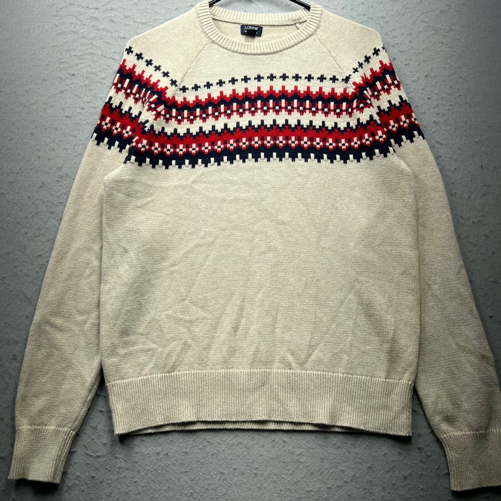 J.Crew Mens Small Fair Isle‎ Cotton Crewneck Sweater Beige Red Navy Blue 1659